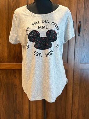 Disney Gray Short Sleeve Mouseketeer Tee with Mickey Head and Red Dot Accents